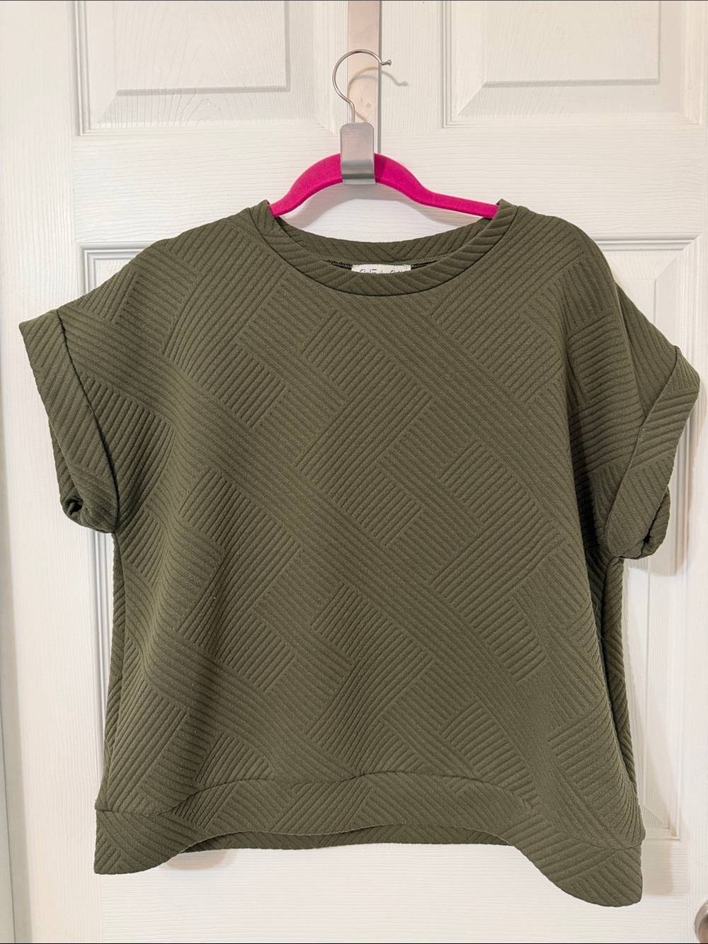 She + Sky Olive Textured Short Sleeve Sweatshirt